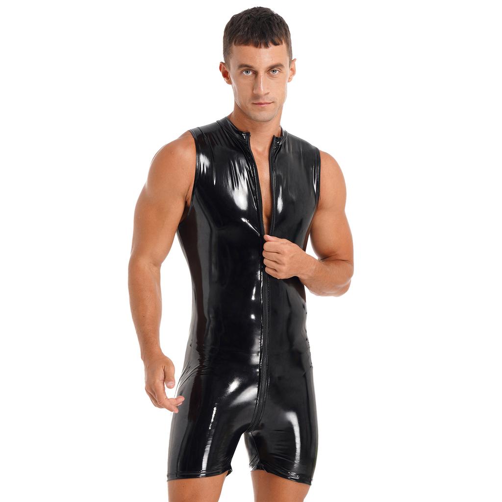Mens Sleeveless Patent Leather Jumpsuit Wet Look Zipper Bodysuit Pole Dance Clubwear