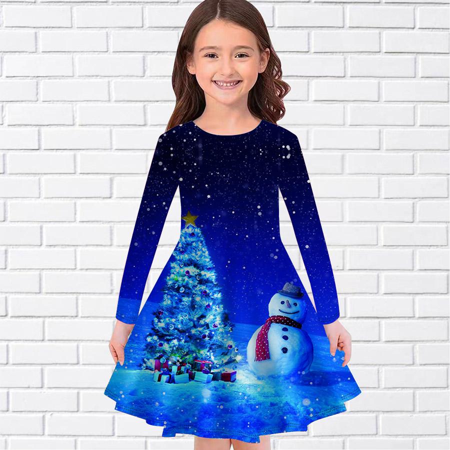 

Повседневное платье для девочек с принтом снеговика и длинными рукавами, детское платье принцессы 170 темно-синий
