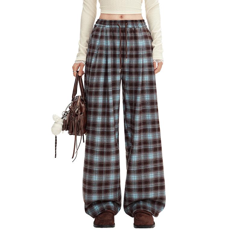 UNIFREE Women's Plaid High-Waist Wide-Leg Casual Pants
