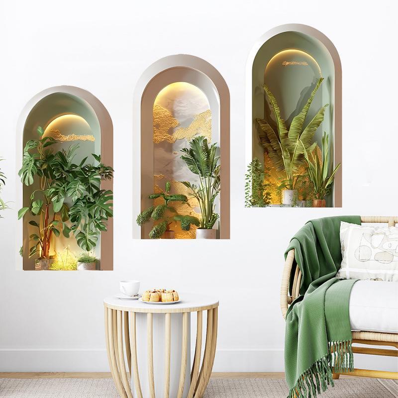 3Pcs Green Plants Simulated Archway Niche Potted Plant Painting Wall Stickers Bedroom Peel & Stick Art Mural Wall Decals