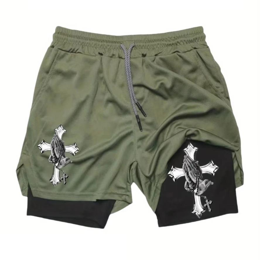 Muay Thai Kick Boxing MMA Shorts Cross Christian Pray God Men Women Unisex Double Layer Quick Dry Breathable Training Sport Gym Fitness Workout