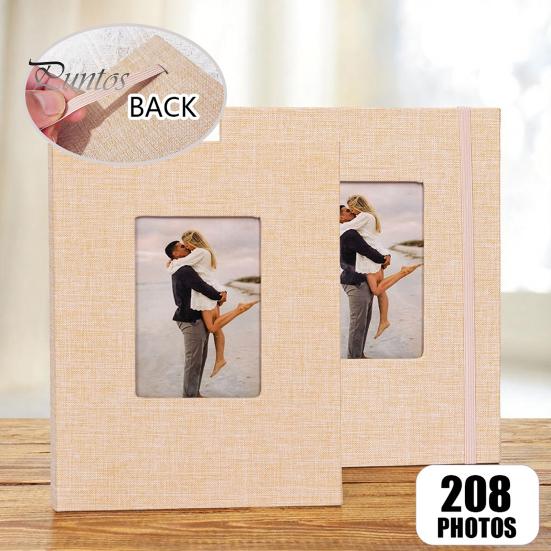 Linen Photo Album Fabric with 208 Pockets Slip-in Picture Albums Cover Memory Family Storage Book Front Window for Anniversary Vacation Wedding