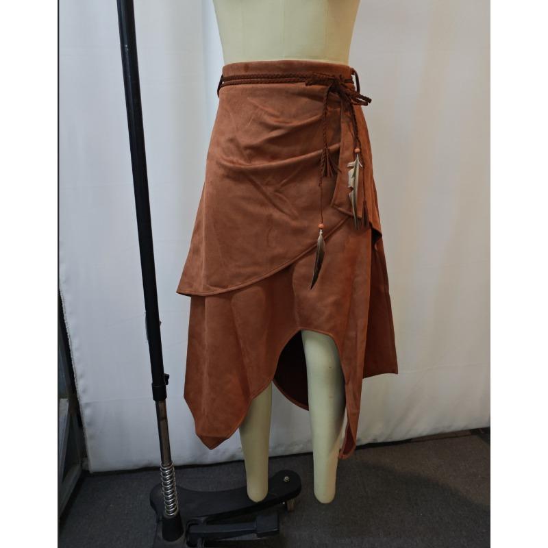 Brauner Wildleder-Midirock Federquaste Seilbindung Asymmetrischer Saum Vintage Lässig Unregelmäßiger Rock Damen