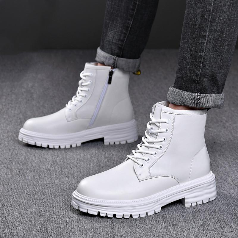 Fashion Men Fashion Original Leather Boots Black White Autumn Winter Shoes Cowboy Tooling Work Boot Handsome Platform Ankle Botas Hombre