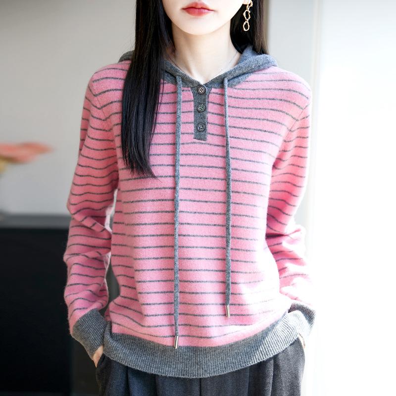 2025 Spring Slimming Striped Hooded Wool Sweater - Casual, Versatile Long-Sleeve Top for Spring and Autumn