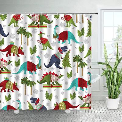 GAECartoon Christmas Dinosaurs Shower Curtains Green Tropical Coconut Palm Tree Leaves Xmas Bath Curtain Cloth Bathroom Decor