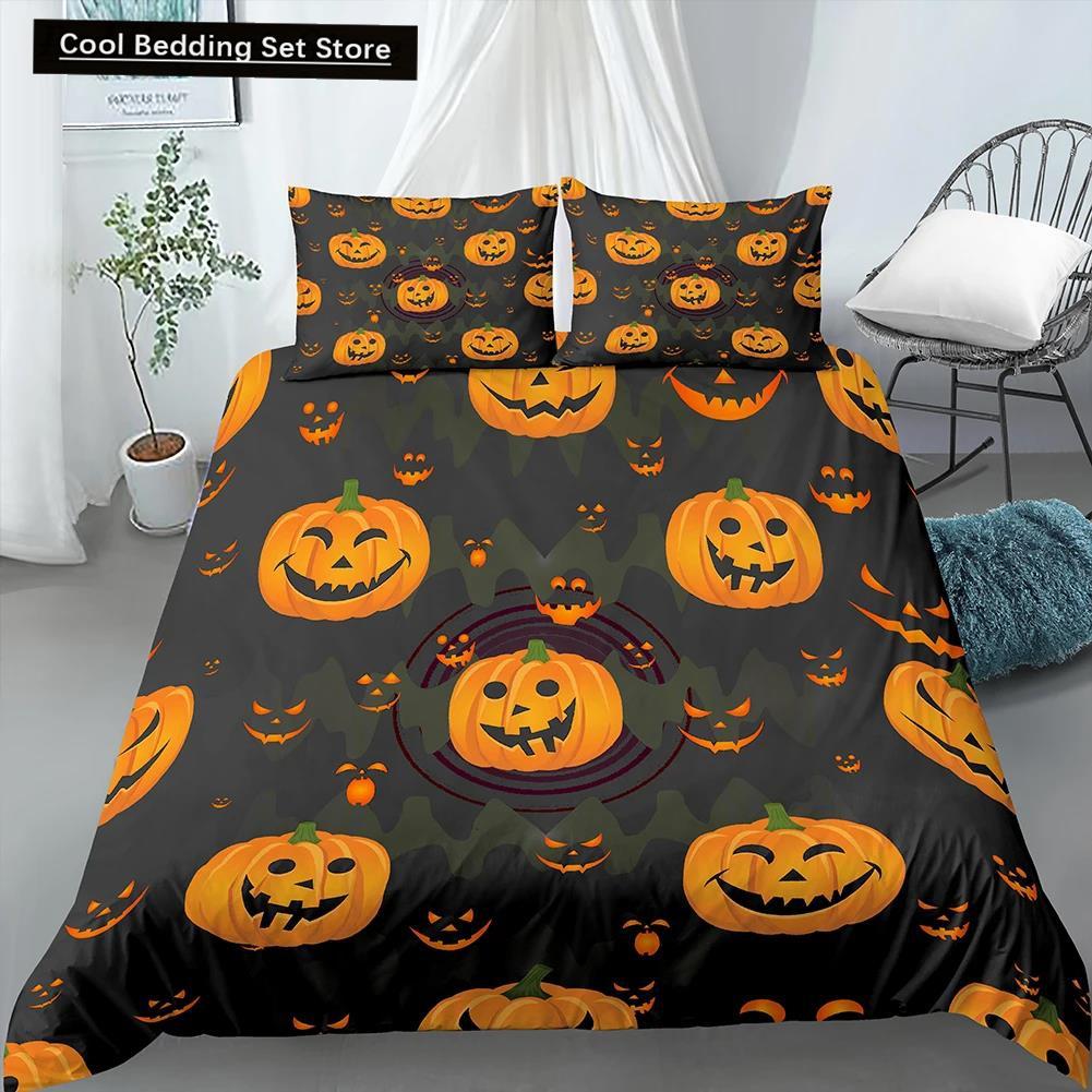 Happy Halloween King Queen Duvet Cover Orange Pumpkin Bedding Set Kids Teens Adults Bats Horror Festival Polyester Quilt Cover