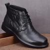 First Layer Cowhide Men's Genuine Leather Martin Boots Casual Non-slip Medium Top Velvet Leather Shoes British Boots