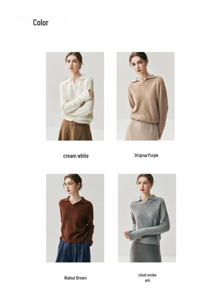 Women's High-End Cashmere Wool Polo Collar Sweater - Autumn Winter Loose Knitwear Base Layer