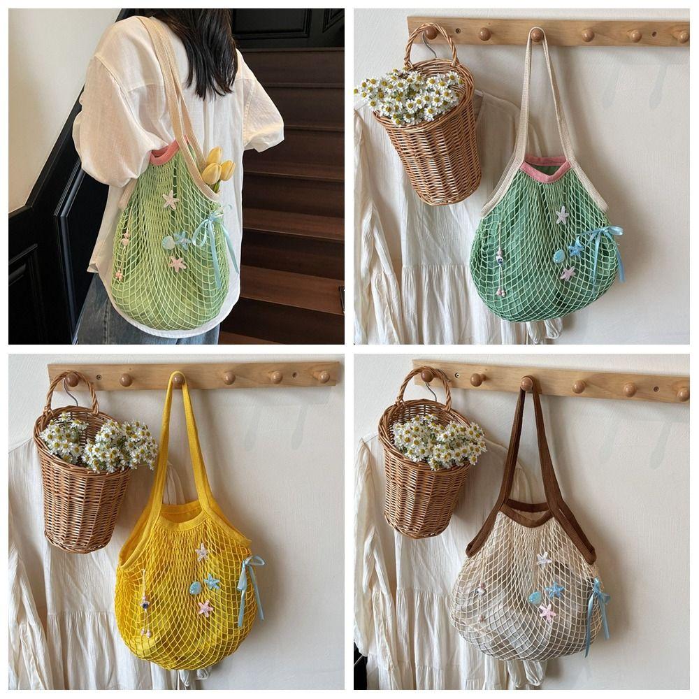 

Korean Style Hollow Woven Shoulder Bag Large Capacity Woven Grocery Bag Breathable Handbag Fitness коричневий