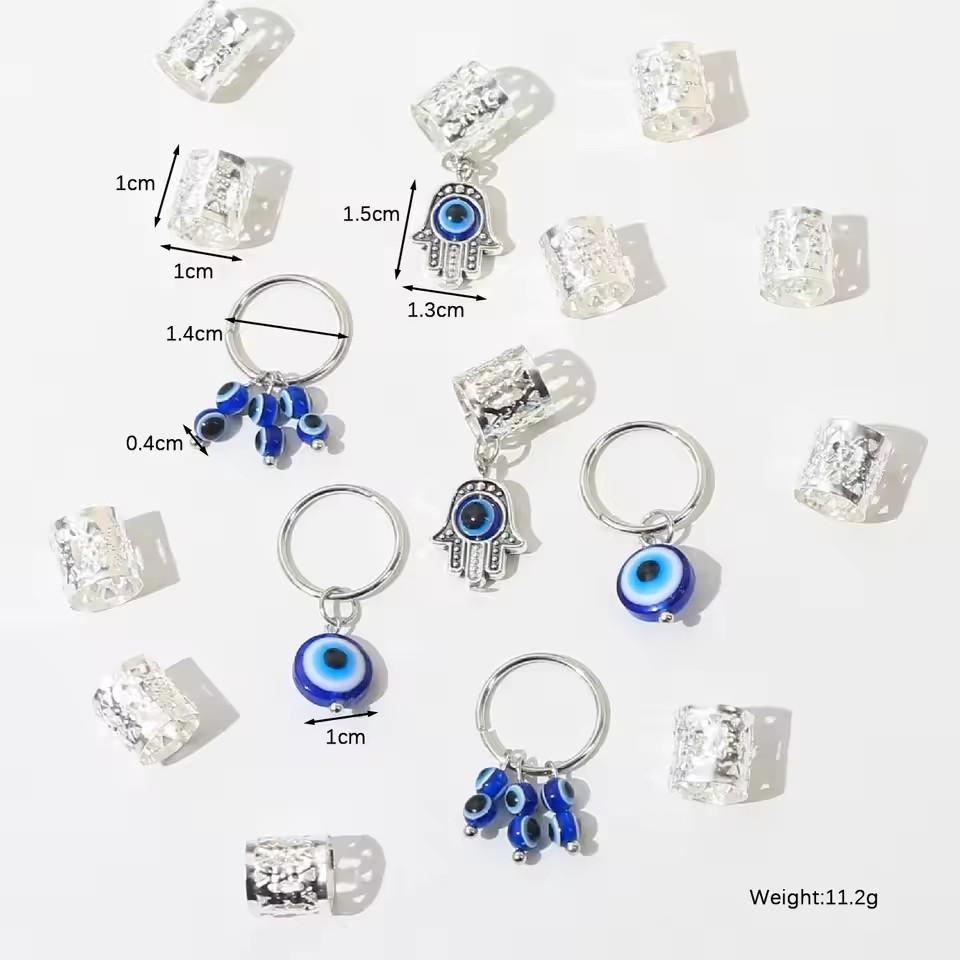 16Pcs Turkey Lucky Eye Pendant Metal Hair Rings Dreadlock Beads Hair Braid Rings Clips Dread Hair Braiding Decoration Accessorie