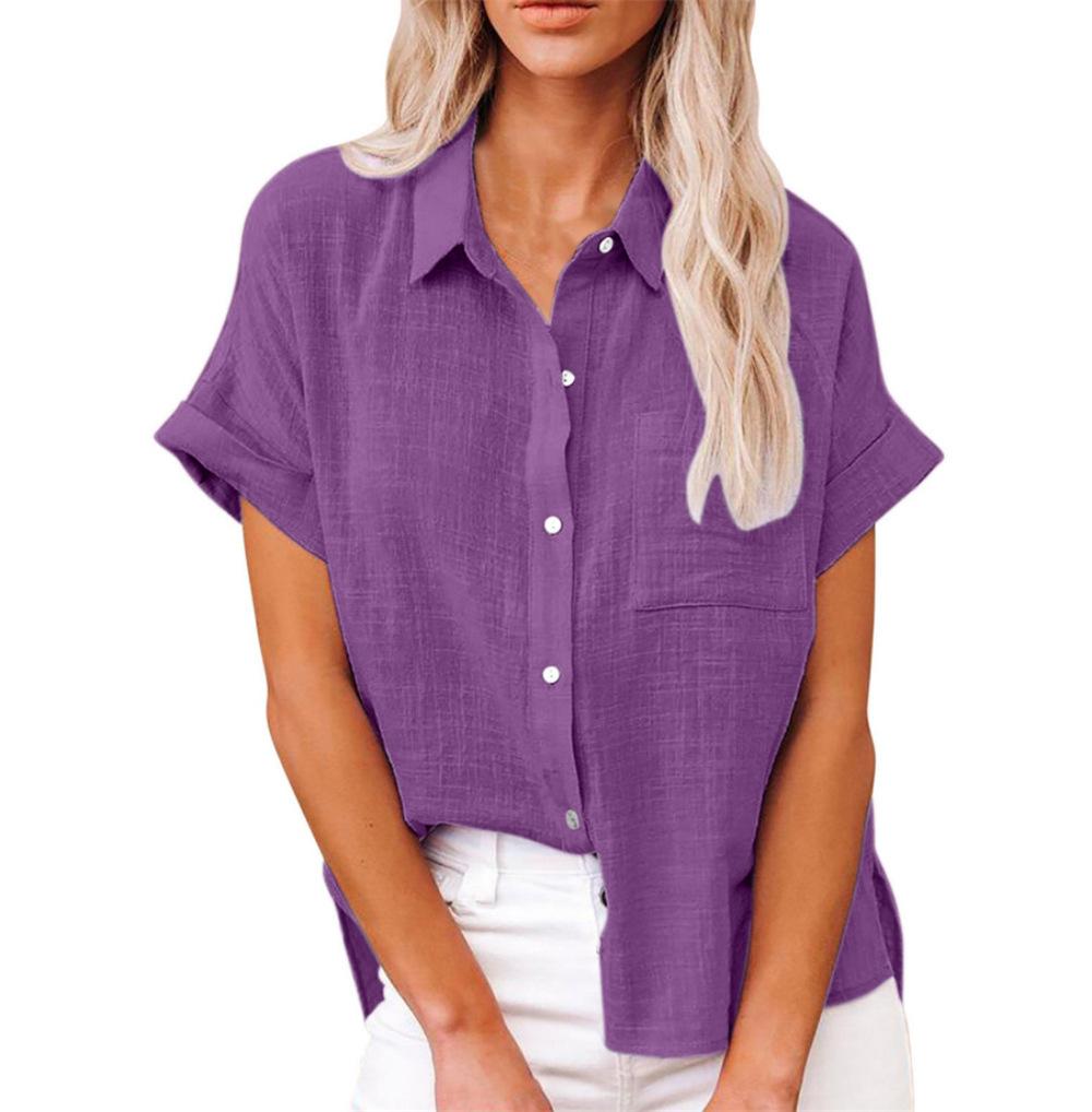Summer Plain Button Down Turn Down Collar Women's Solid Cotton Short Sleeve Blouse Shirts