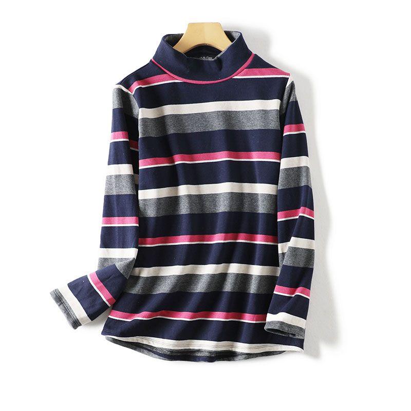 

Зимняя многоцветная полосатая водолазка с бархатной подкладкой, толстовка с длинными рукавами, круглый нижний край, средней длины, базовая рубашка для женщин Rose blue gray white stripes M, defect treatment