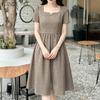 ZANZEA Womens Square Collar Short Sleeve Casual Grid Print Dress
