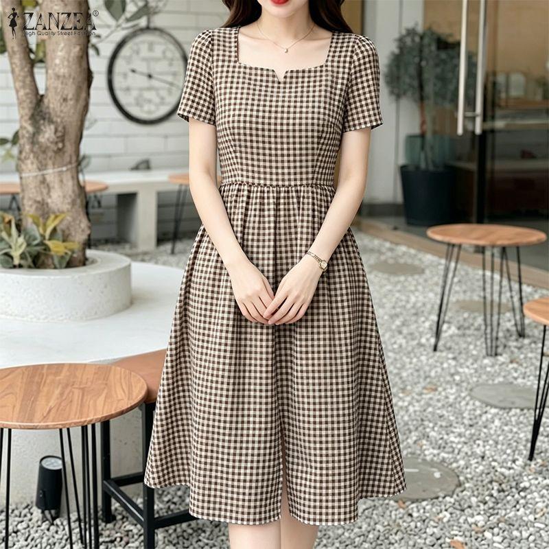 ZANZEA Womens Square Collar Short Sleeve Casual Grid Print Dress