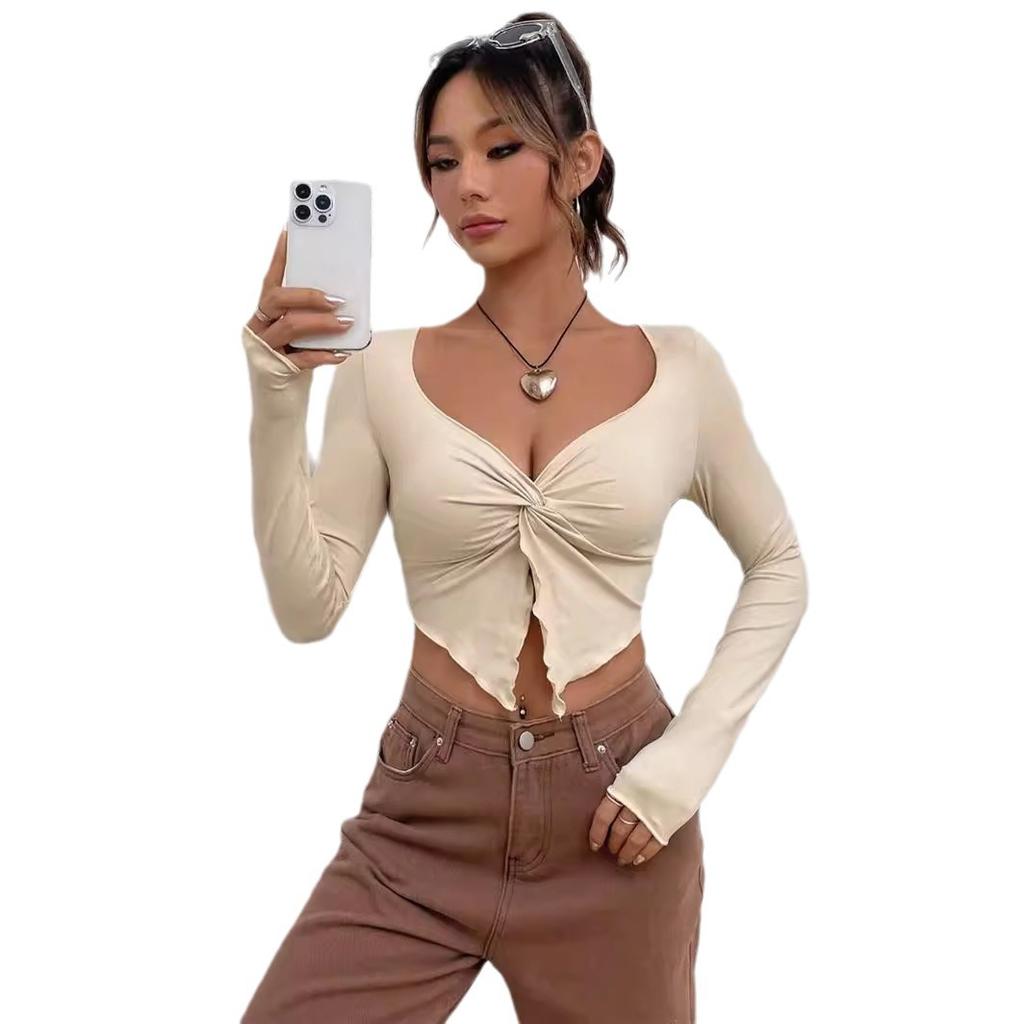 Women's Spring Summer Slim Front Twist Long Sleeve T-Shirt