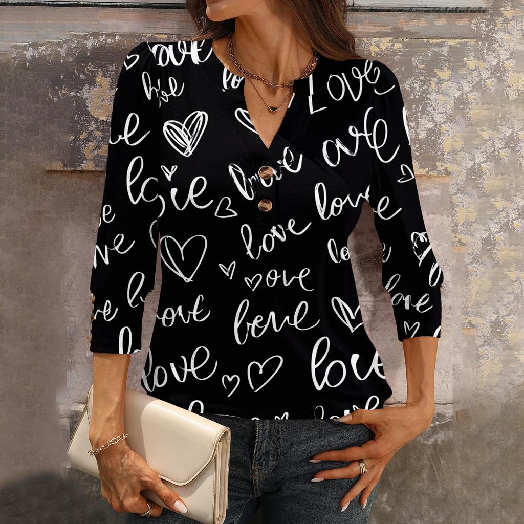 Women's Loose 7,inch Sleeve Top with Heart Print