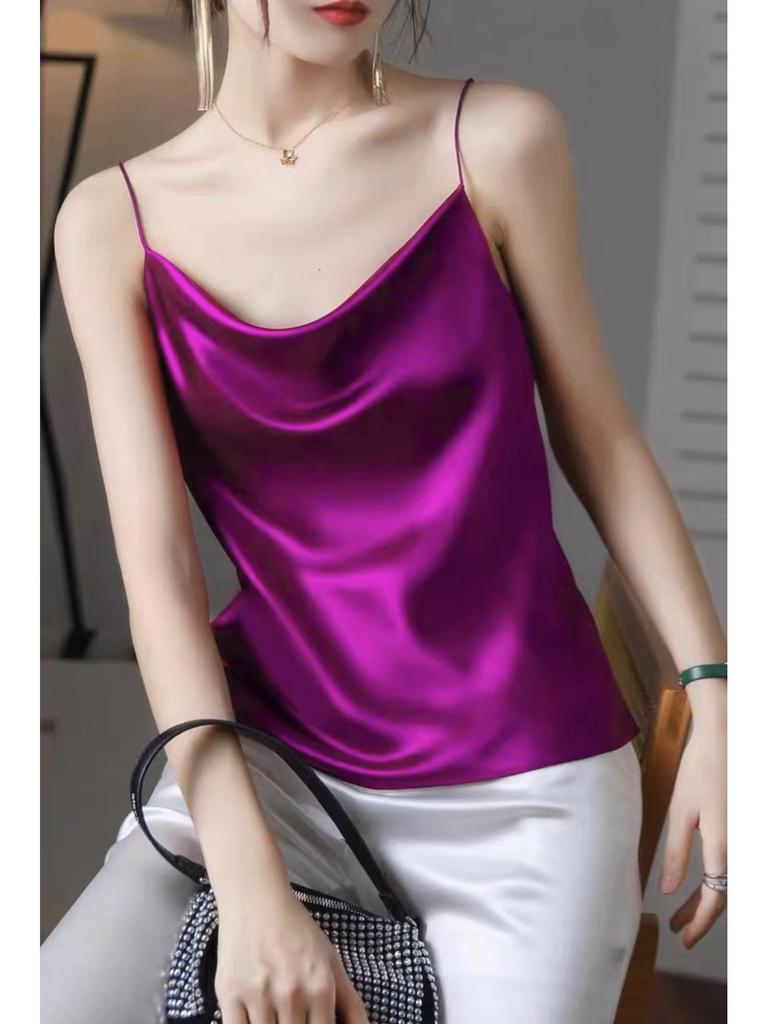 Women's Multicolor Satin Drape Camisole - Elegant Loose Fit with an Acetate Inner Layer