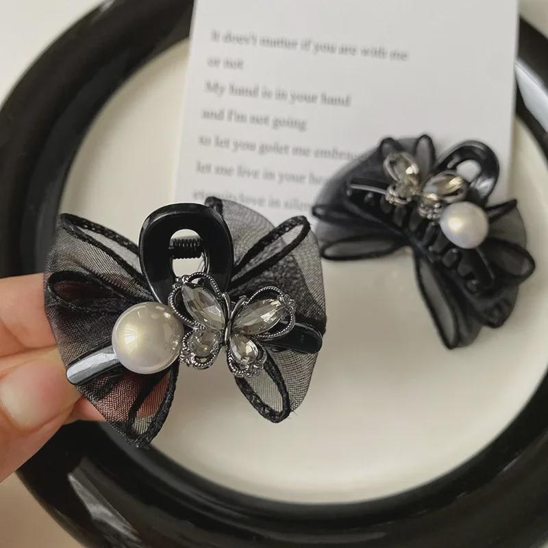 Elegant 6cm Pearl Rhinestone Mesh Bow Hair Clip