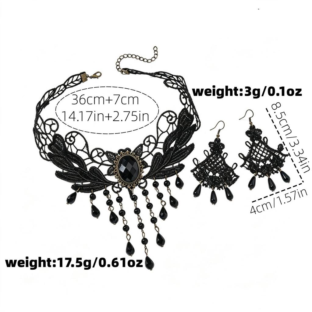 Dark Wind Premium Light Luxury Lace Wings Necklace Versatile Lace Fringed Pearl Earrings Set