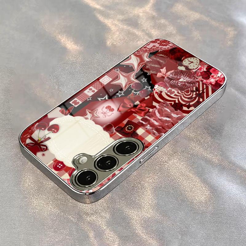 Gold-plated tempered glass phone case, compatible Galaxy S26 S25 S24 S23 S22 Ultra Plus. Features a minimalist red design.