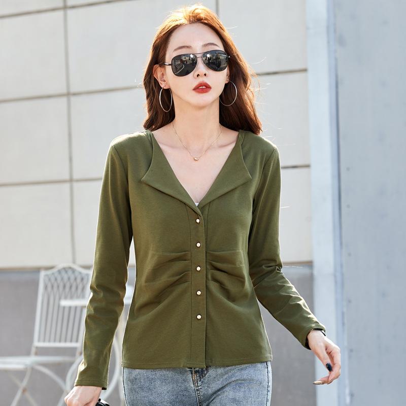 

Весенне-осенняя женская облегающая повседневная футболка с длинным рукавом Hundred Bottom 3XL армия зеленый