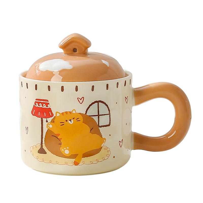 Cat Cute Cartoon Ceramic Cup with Lid Mug Coffee Cup Office Water Cup Breakfast Cup Souvenir Gift Box
