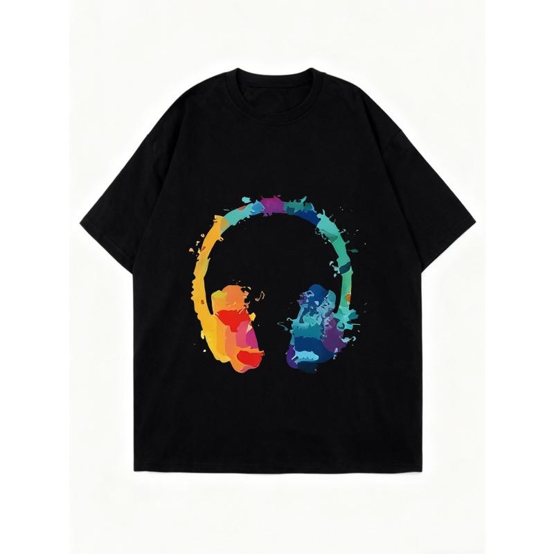 Nadměrné tričko černé s potiskem duhových sluchátek, ležérní streetwearový módní top pro ženy a muže, pro milovníky hudby, pro každodenní nošení