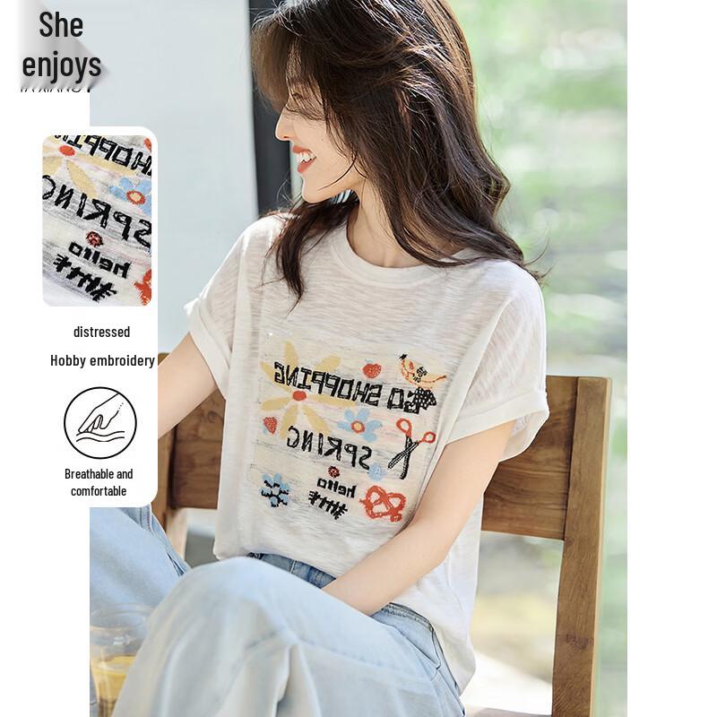 She Enjoy Women s Loose Knit Short Sleeve T-Shirt L