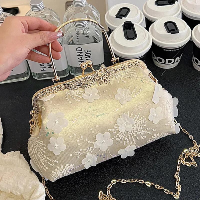 Luxury Appliques Sequins Handbags for Women Wedding Party Clutch  Chain Messenger Bags Metal Hasp Totes  White Gold Purse