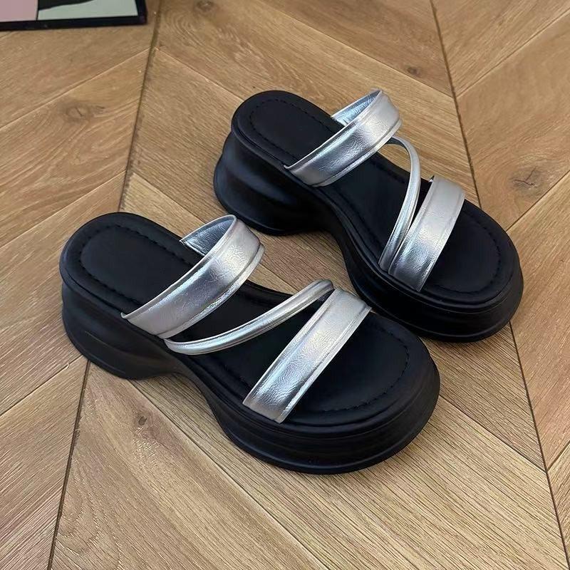

Fashion thick-soled high-heeled one-word slippers Internet celebrity beach slippers women s summer wear 2025 new summer super fire sandals 40