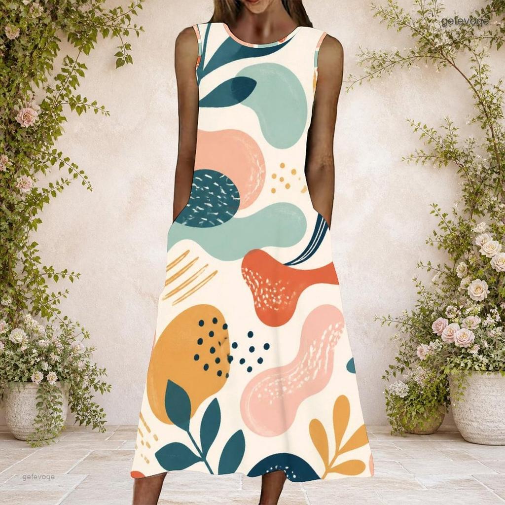 Women Plus Size Round Neck Sleeveless Printed A Line Long Dress With Side Pockets