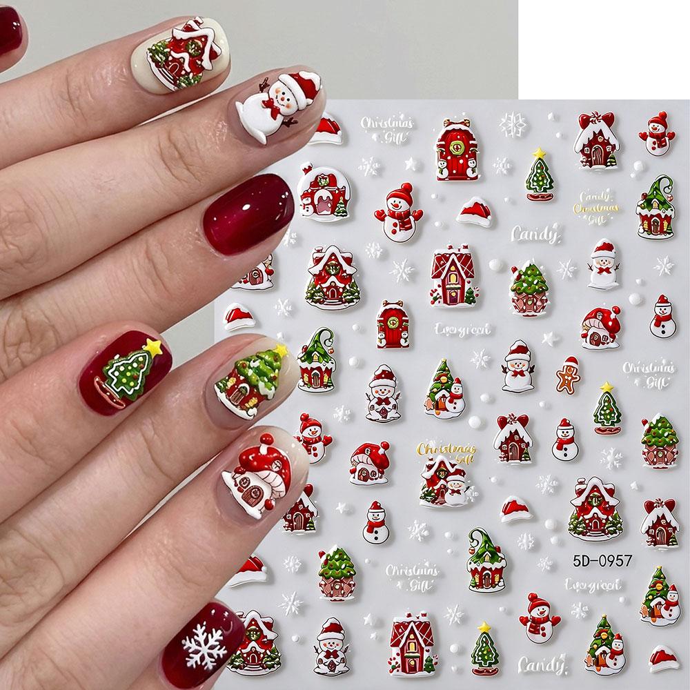 1Pcs 5D Cute Pink Apple Christmas Tree Snowman Nail Stickers Christmas Wreath Lights Nail Decals Adhesive New Year Nail Decor 9@