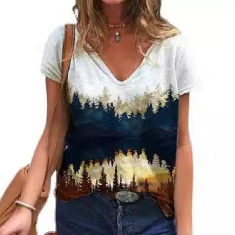 Sommer 3D-Druckmuster Locker Lässig V-Ausschnitt Kurzarm T-Shirts Damen