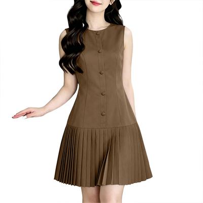 Rochie de vară casual pentru femei, cu gât rotund, tiv plisat, fără mâneci