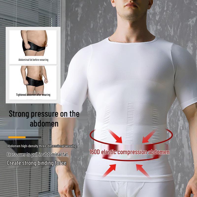 Pánský 140D nylonový tvarující korzet: Stahovací top na břicho, s krátkým rukávem, bezešvý styl 001Y