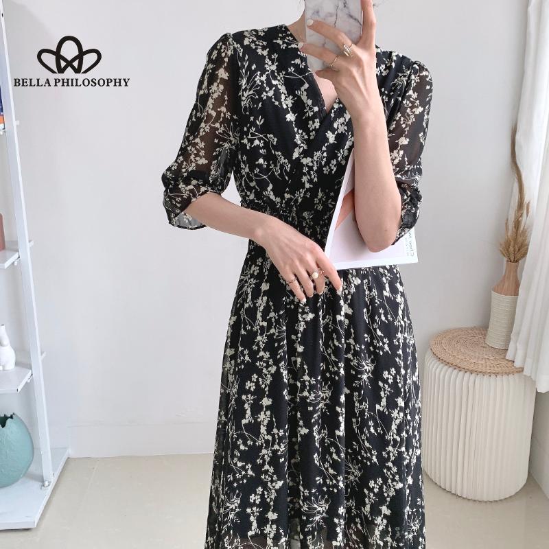 Jaro Léto Nový styl Výstřih do V Šifon se středním rukávem Elegantní dlouhé šaty Žena Neformální plážové šaty