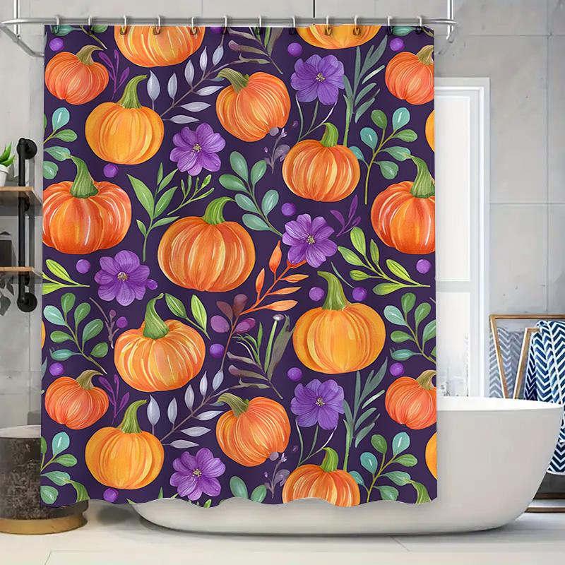 

Seasonal Fall Bathroom Decor Orange Pumpkins Purple Flowers Shower Curtain For Home Bath Decoration Waterproof Fabric Size 72X84 W60H190(CM)-1 Pcs