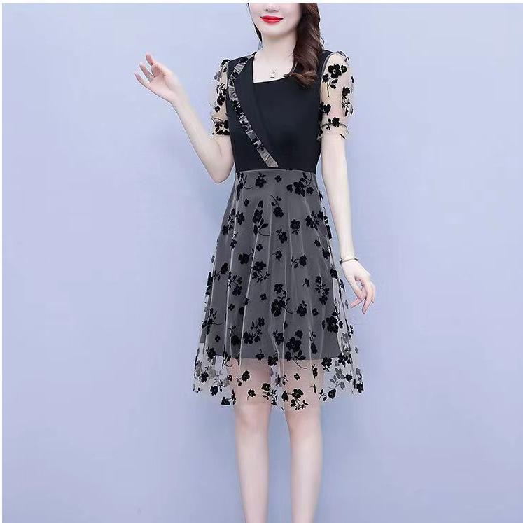 MM Plus Size Women's Korean Style Mesh Splicing Slim-Fit Dress - Summer 2023 Collection