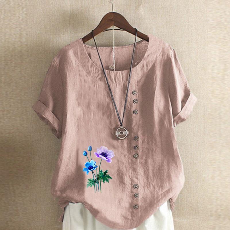 Women's Fashion Round Neck Short Sleeve T-shirt Casual Cotton Linen Graphic Shirt Leisure Loose Flowers Prined Summer Blouse Tops