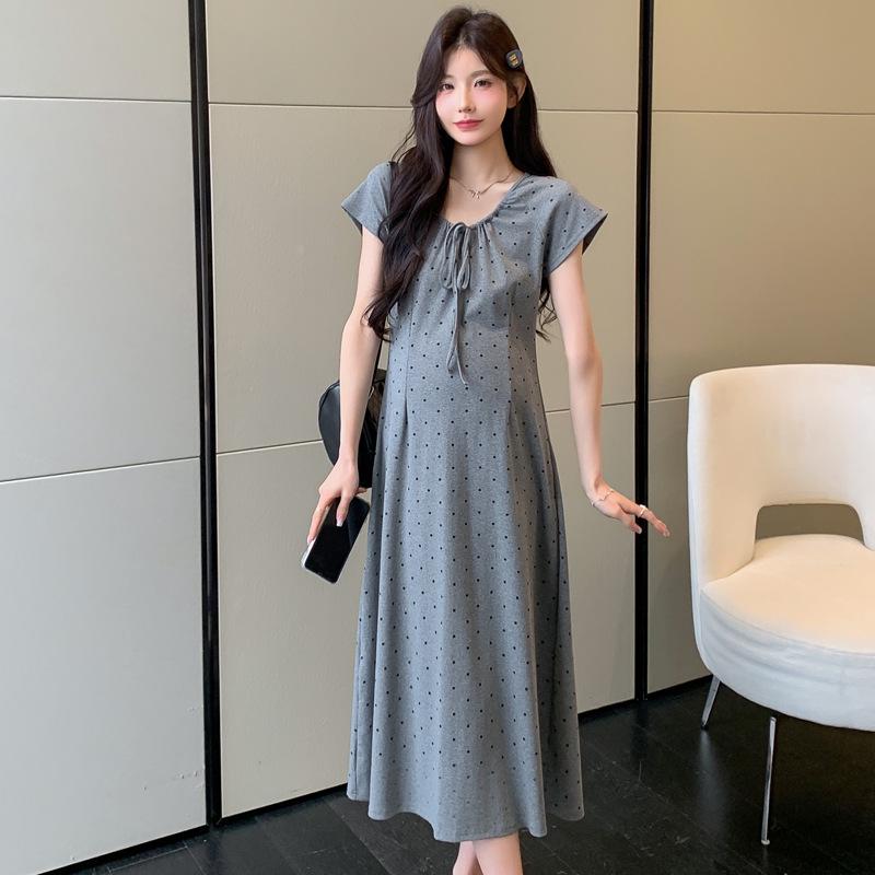 2026 Summer Polka Dot Maternity Dress - Lace-up, Slim-fit, Round Neck, Short Sleeve L (110-125 lbs)