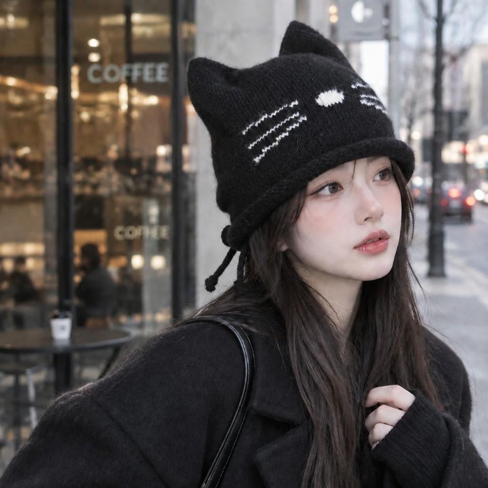 Solid Color Cat Ear Beanie Hat Keep Warm Winter Hat Fashion Knitted Skull Cap Winter