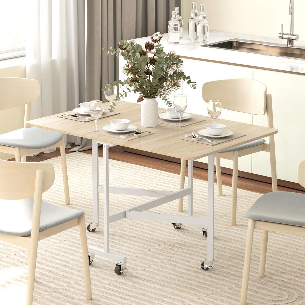 Folding Dining Table on Wheels, 4-6 People, 120 cm, Braked Wheels, 2 Drop Leaves, Industrial, Oak