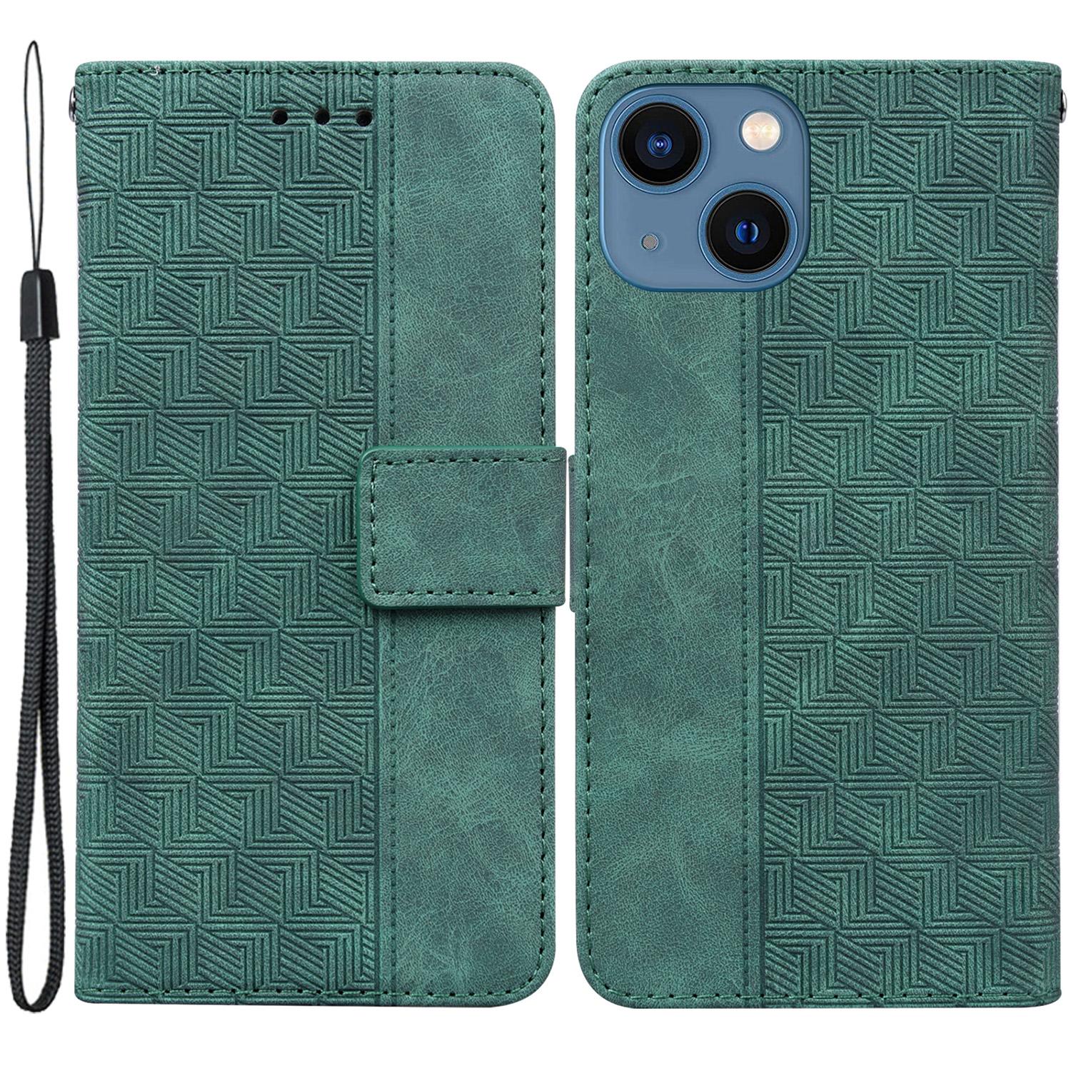 

For iPhone 15 Geometry Imprinted PU Leather Wallet Stand Phone Shell Shockproof Mobile Case Green