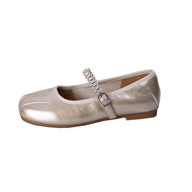 Fashion Shallow Mouth Mary Jane Shoes Women's Xia New Round Toe Soft Sole One Word with Rhinestone Flat Ballet Flat Single Shoes