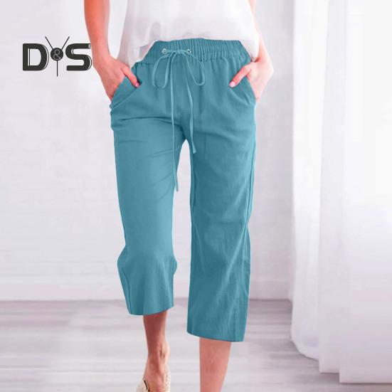 Frauen Sommer Hosen Jogginghose Einfarbig Gerade Weiche Elastische Taille Kordelzug Hosen Mittlere waden Länge Geerntete Hosen
