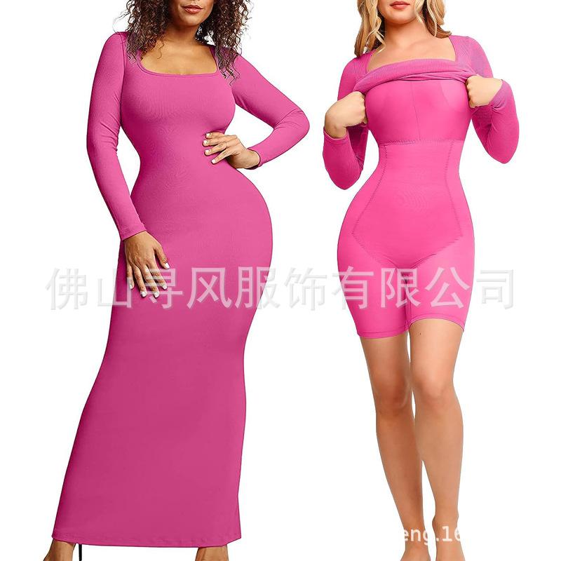 Women S Modal Ribbed Long Sleeve U Neck Shapewear Maxi Dress Tummy Control Butt Lifting Bodycon Long Dress