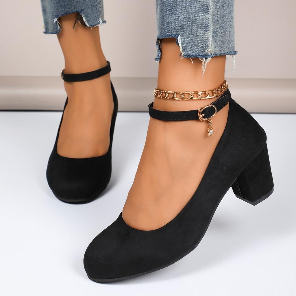 Large Size High-heeled Single Shoes for Women's Autumn New Round Head Suede One-word Buckle Thick Fashion and Shallow Women's Shoes