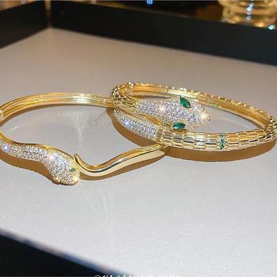 Gold Plated Zirconia Snake Open Bangle - Elegant Retro Bracelet for Women