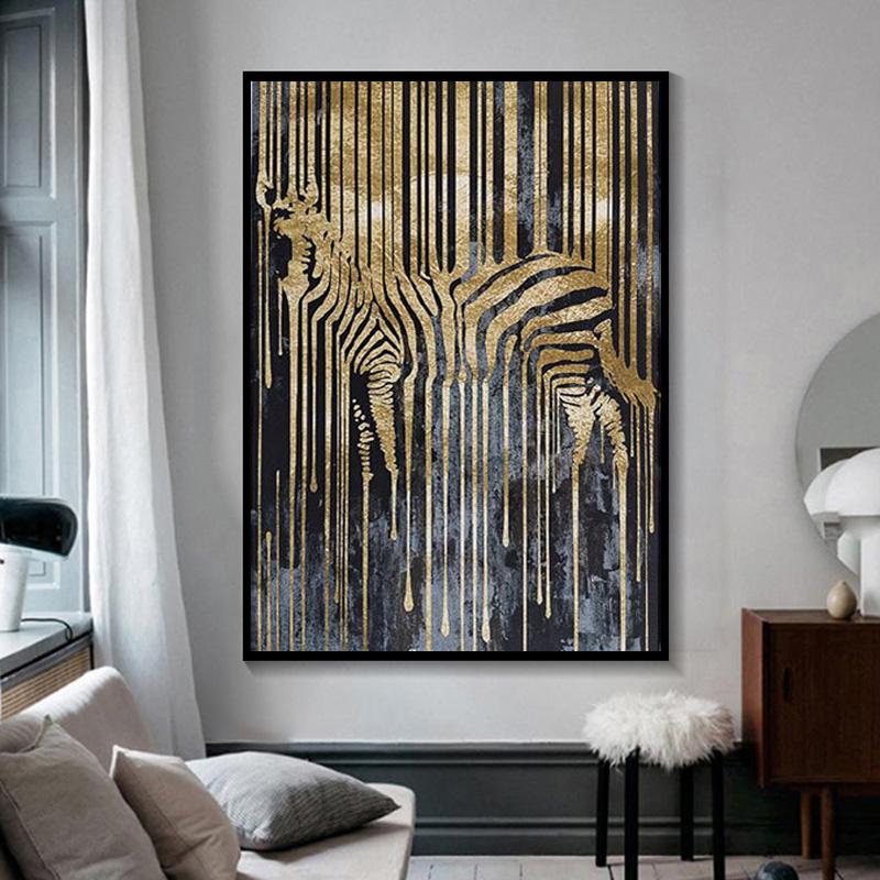 Modern Abstract Canvas Painting Interior Gold Foil Horse Zebra Animals Poster And Prints Wall Pictures For Living Room Decor